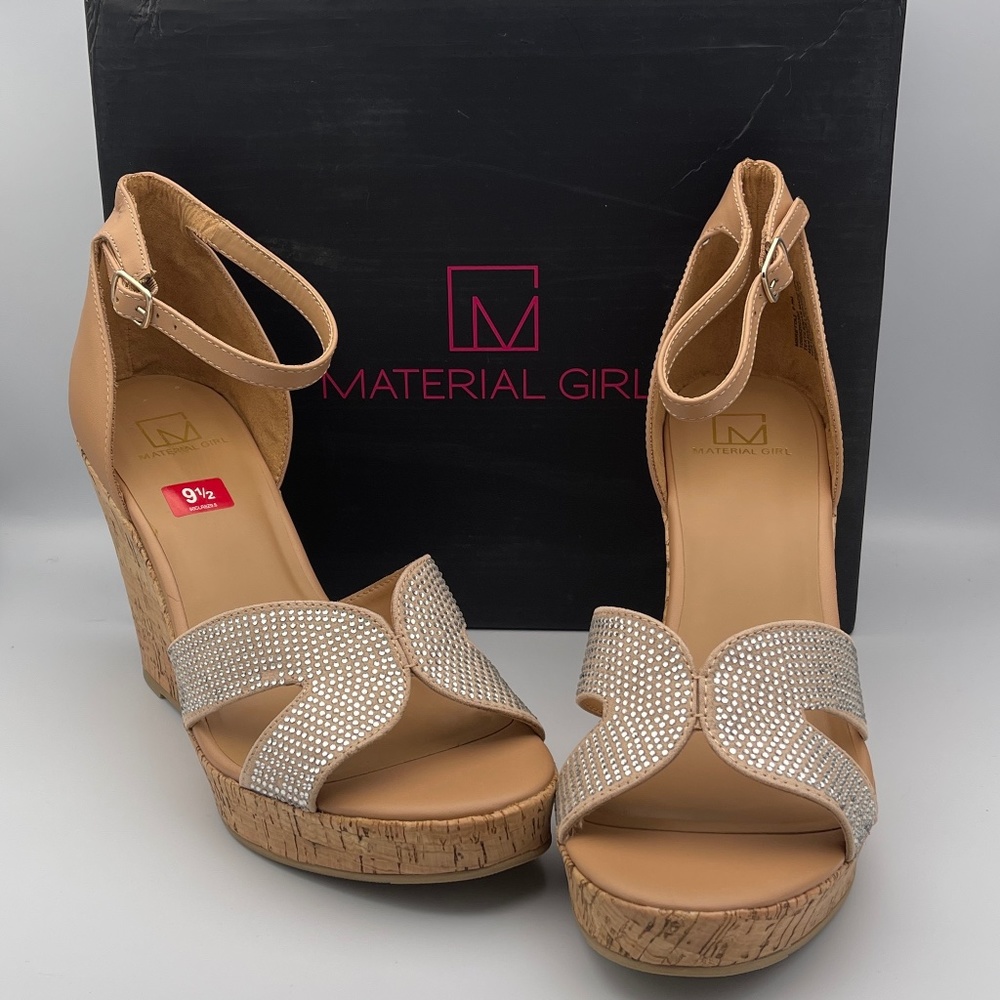 Material Girl Women's Shoe Beretta Leather Open Toe Platform Cork Tan Size 9.5